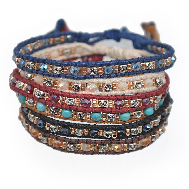 Wholesale Bohemian Colorful Rice Beads Double Strand Woven Rope Stretch Bracelet